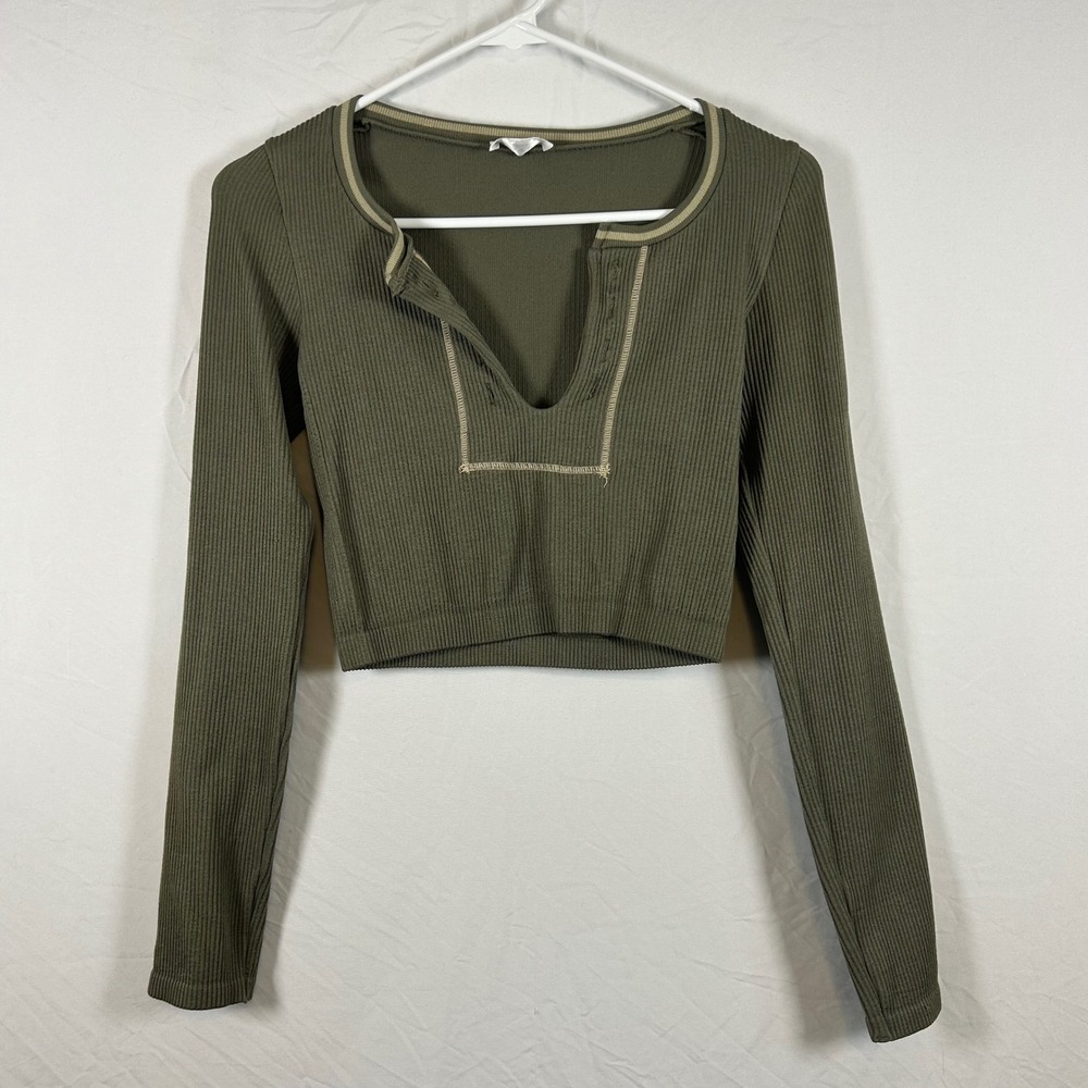 Altar'd State Intimates Olive Green Ribbed Long Sleeve Crop Top XS/S Split Neck